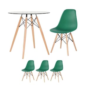 Mesa Redonda Eames Com Tampo De Vidro 70 Cm + 3 Cadeiras Eiffel Dsw Verde Escuro
