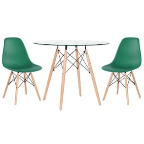 Mesa Redonda Eames Com Tampo De Vidro 90 Cm + 2 Cadeiras Eiffel Dsw Verde Escuro