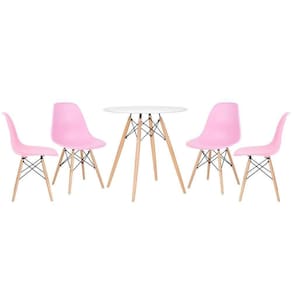 Mesa Redonda Eames 70 Cm Branco + 4 Cadeiras Eiffel Dsw Rosa Claro