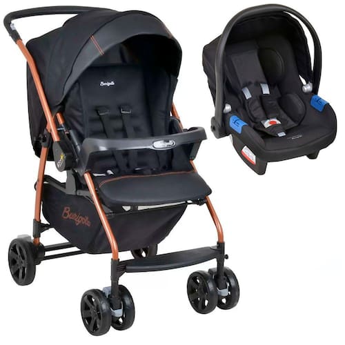 imagem-Carrinho de Bebê Passeio Travel System Reclinável Reversível De 0 até 15kg Rio K Preto Cobre Burigotto