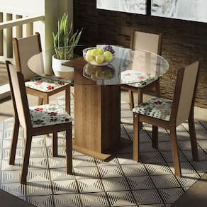 Conjunto Sala de Jantar Madesa Madu Mesa Tampo de Vidro Redondo 4 Cadeiras - Rustic/Crema/Hibiscos