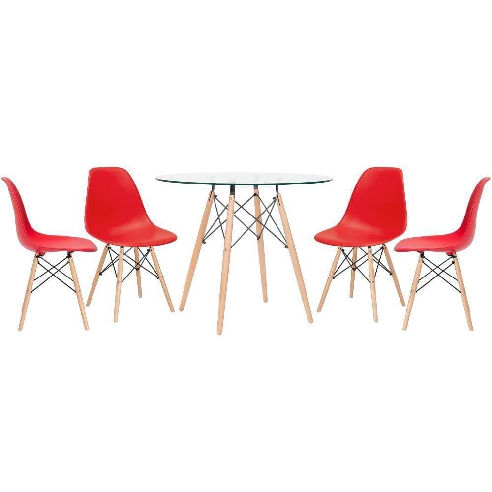 Mesa Redonda Eames Com Tampo De Vidro 90 Cm + 4 Cadeiras Eiffel Dsw Vermelho