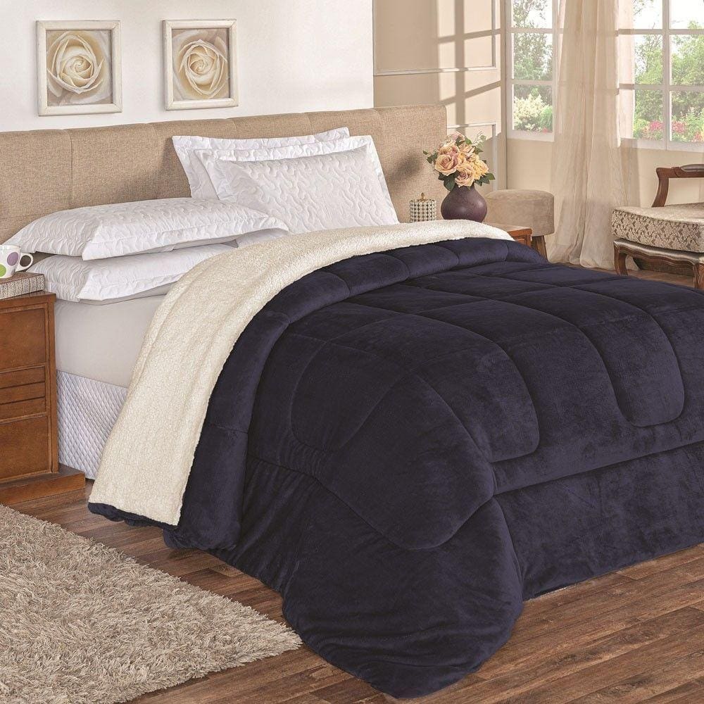 Coberdrom Apollo Solteiro Sherpa Manta Flannel Toque Lã De Carneiro 1 Peça - Azul Marinho