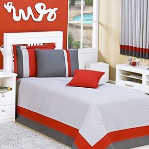 Cobre Leito Solteiro Stylo Tecido Micro Fibra Matelado 6 Peças - Cinza e Vermelho