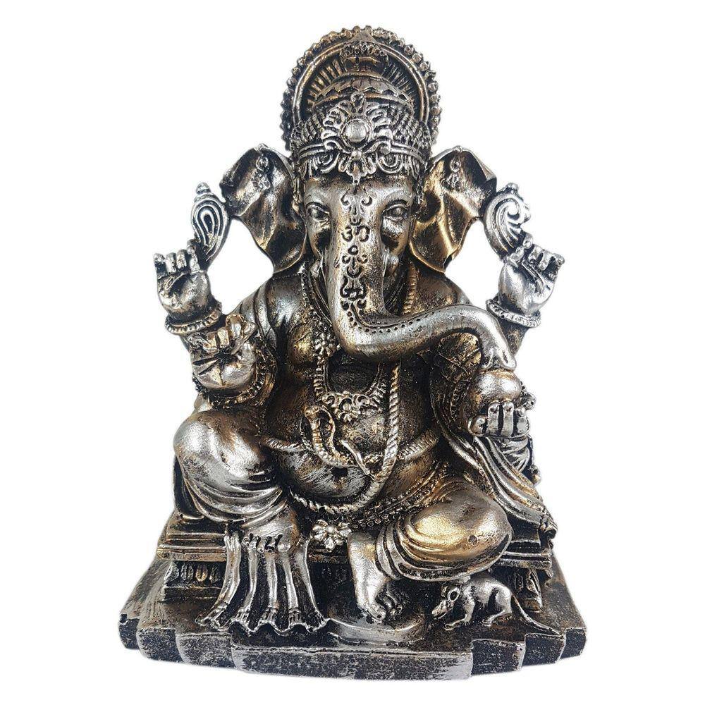 Ganesha De Resina Media Na Base Cor Dourado Com Prata