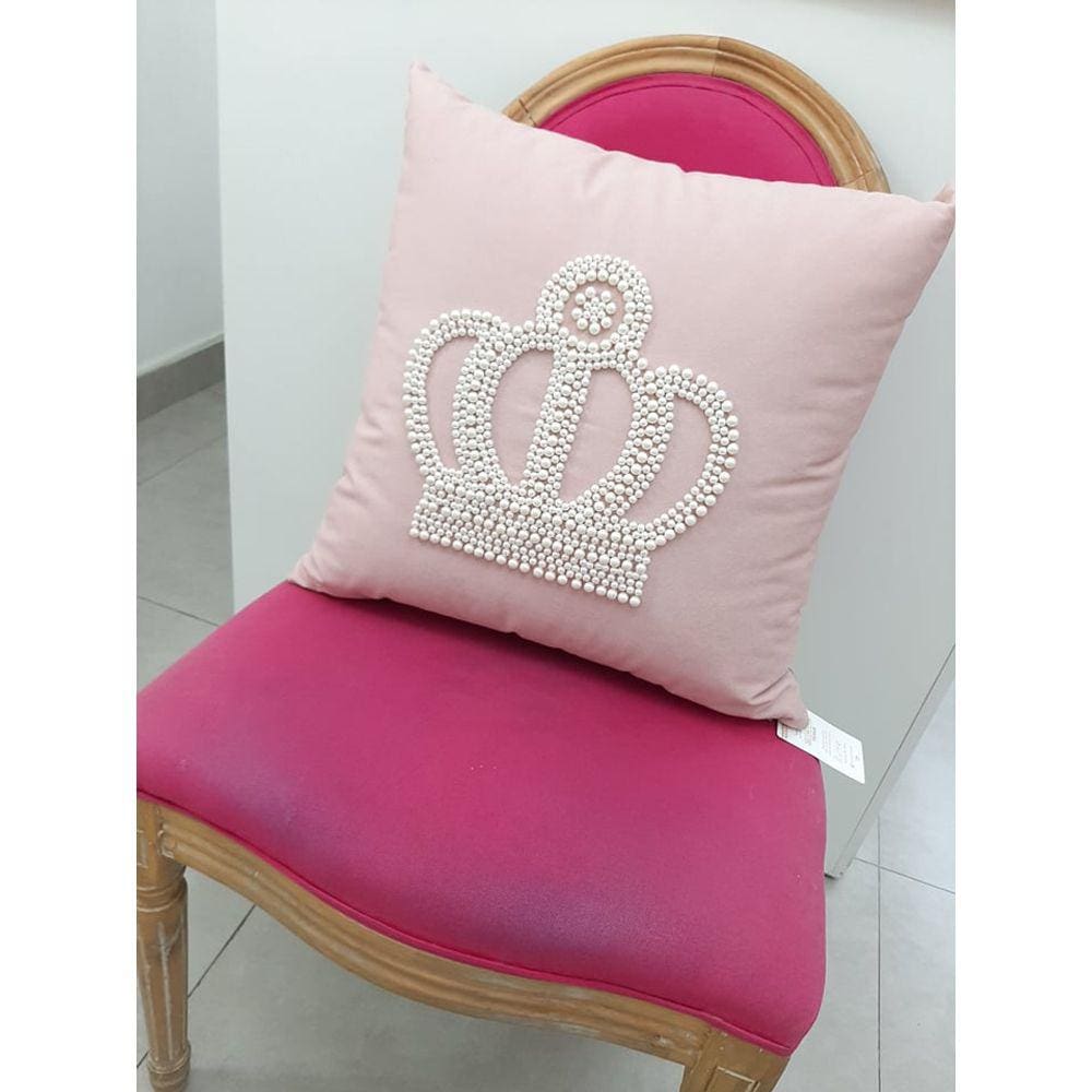 Almofada Rosa Veludo Coroa Pérolas