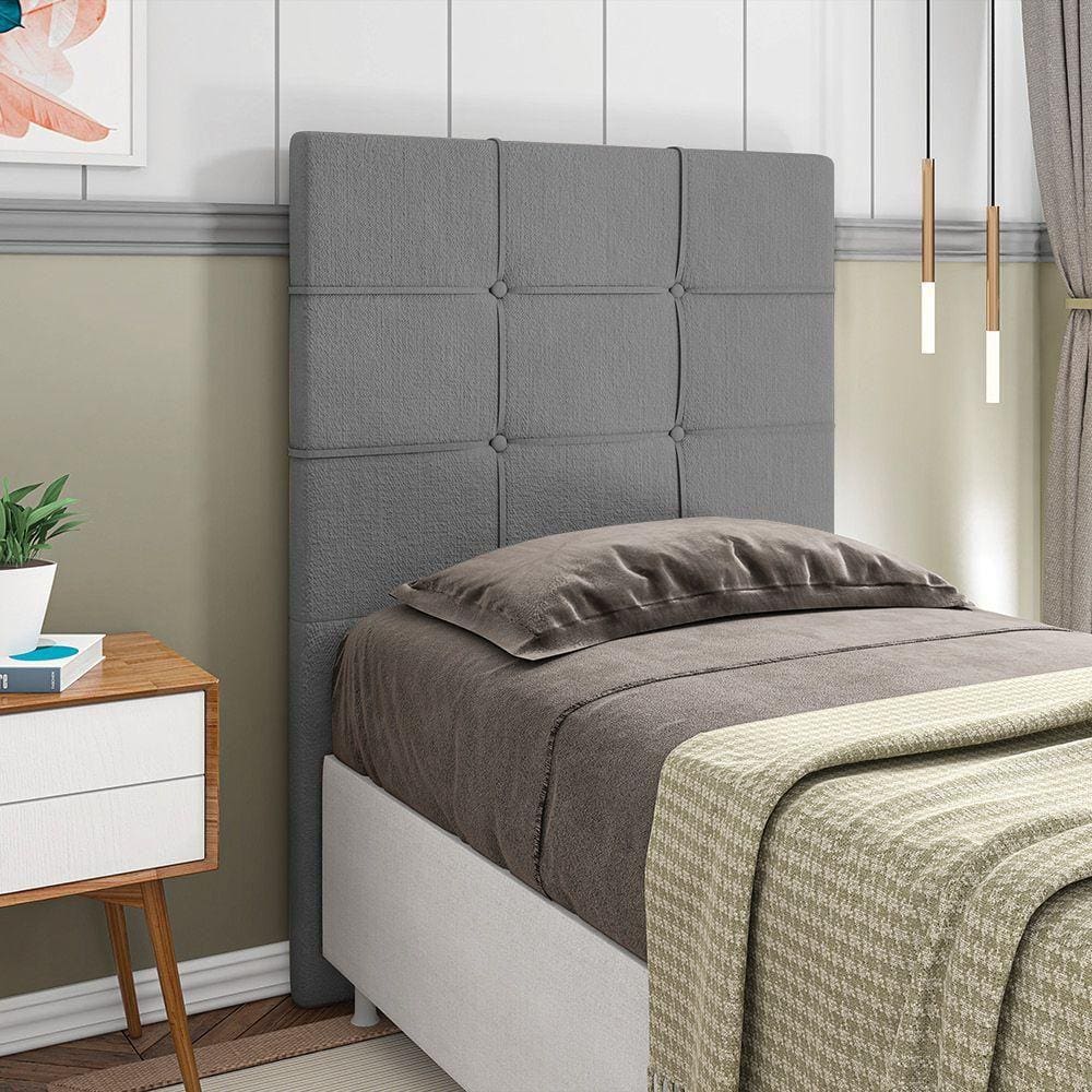 Cabeceira Esmeralda Cama Box Solteiro 90cm Linho Cinza