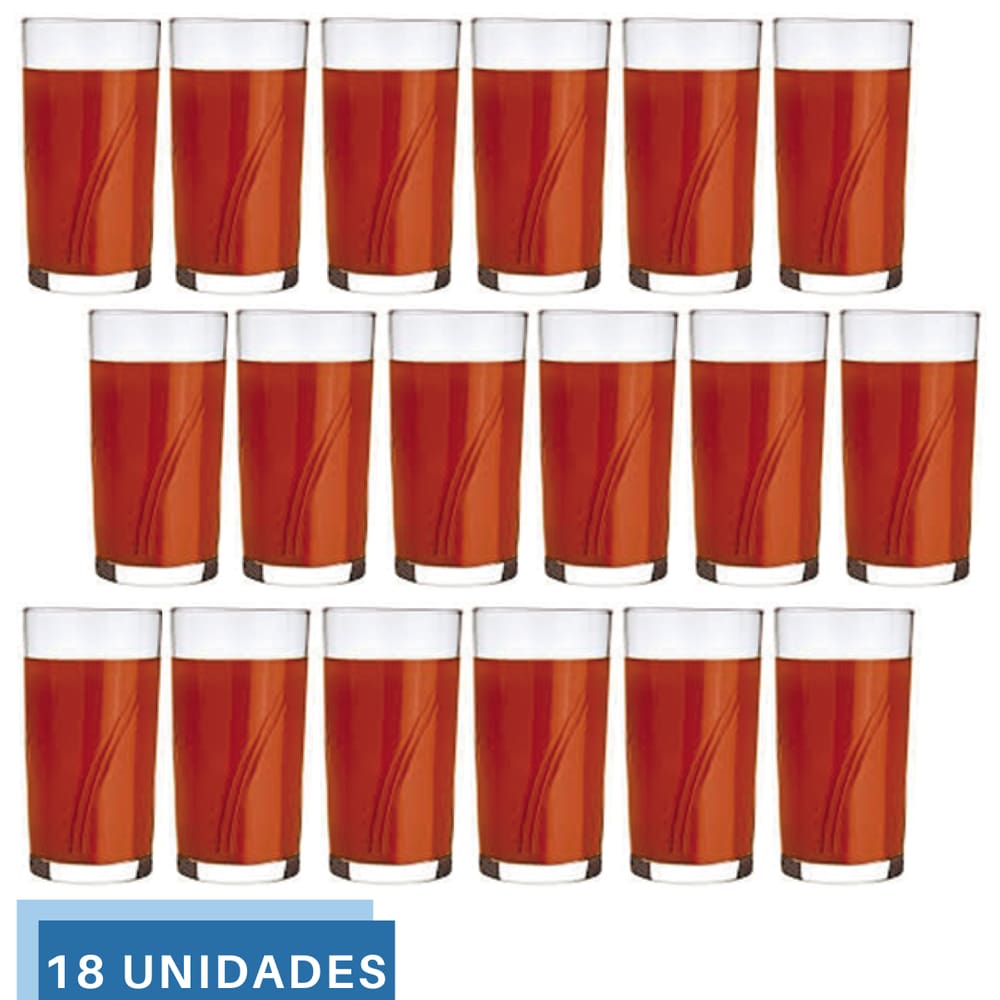 Jogo 18 copo Brisa 300ml Vidro Suco Agua Transparente Nadir