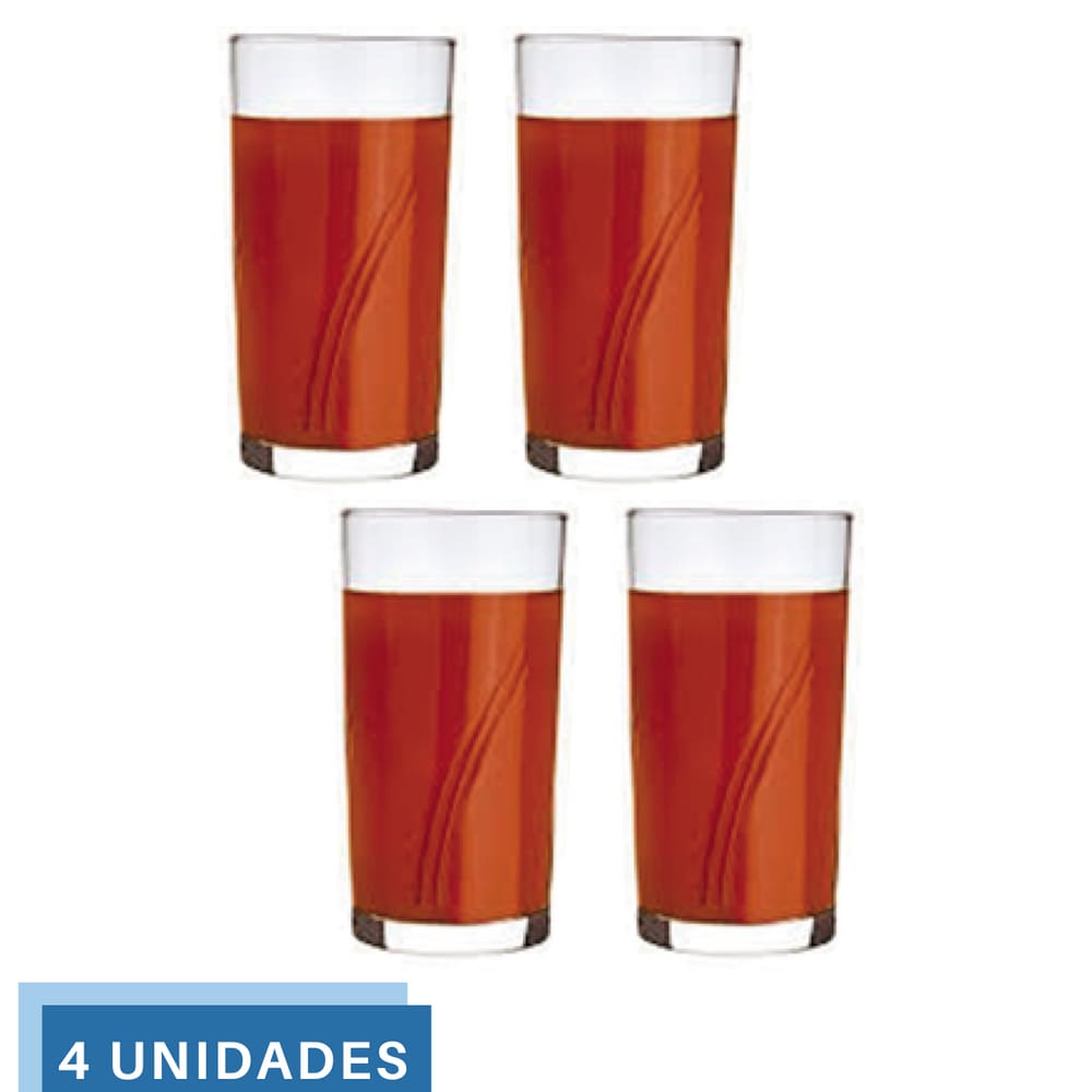 Jogo 4 Copos Brisa 300ml Vidro Suco Agua Transparente Nadir