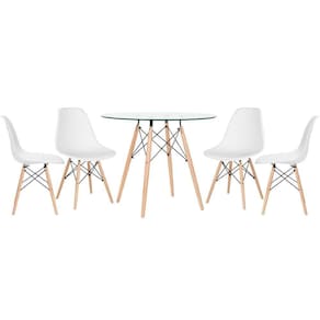Mesa Redonda Eames Com Tampo De Vidro 90 Cm + 4 Cadeiras Eiffel Dsw Branco