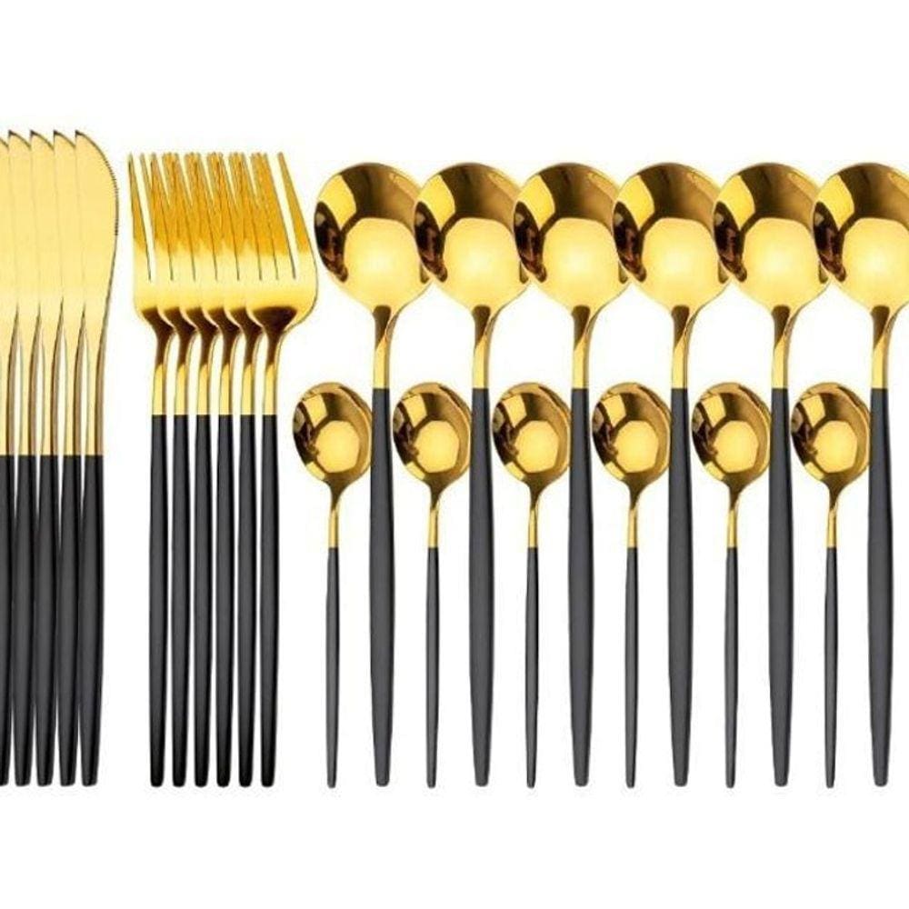 Faqueiro De Luxo Slim Preto Talheres De Aço Inoxidavel 24Pç