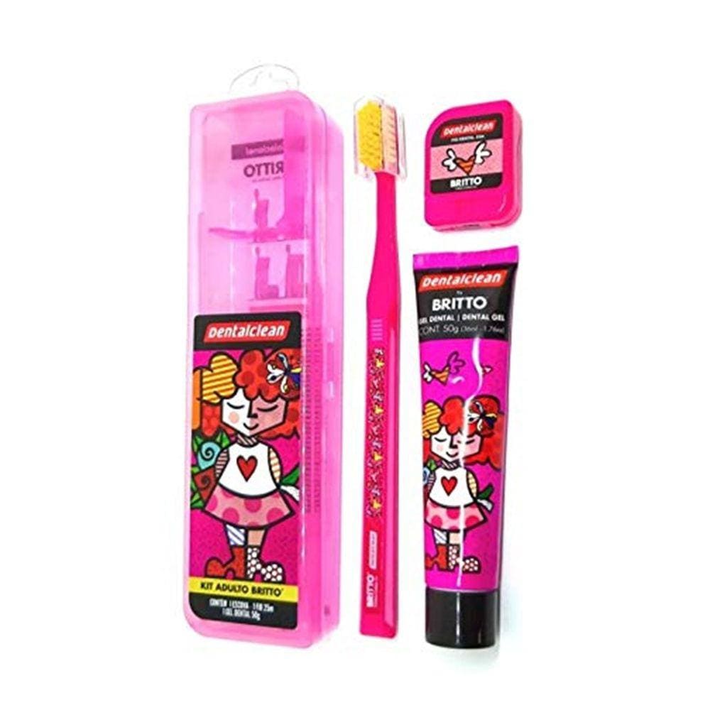 Kit Romero Britto Rosa Estojo Escova Fio E Creme Dental