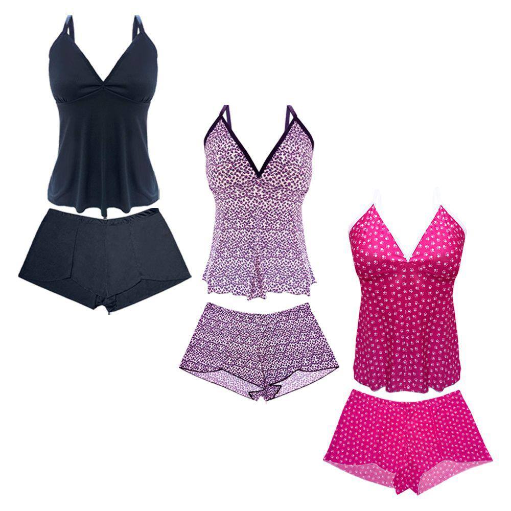 Kit 3 Pijamas Baby Dolls Conjunto Blusa + Short Sortido