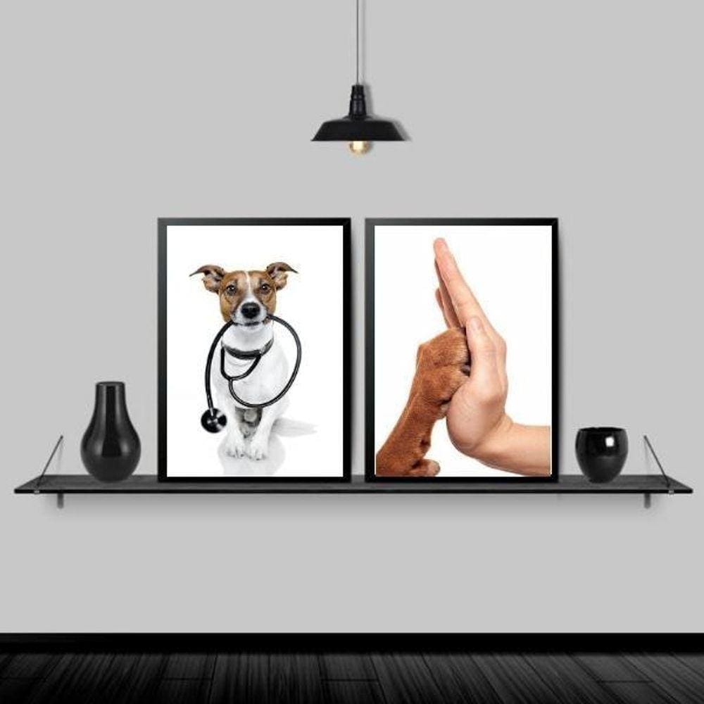 Kit 2 Quadros Consultório Veterinário 24X18 Com Vidro Branca