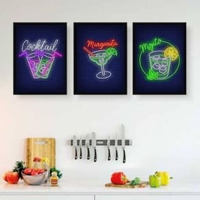 Kit 3 Quadros Cocktail Bar 24X18Cm - Com Vidro