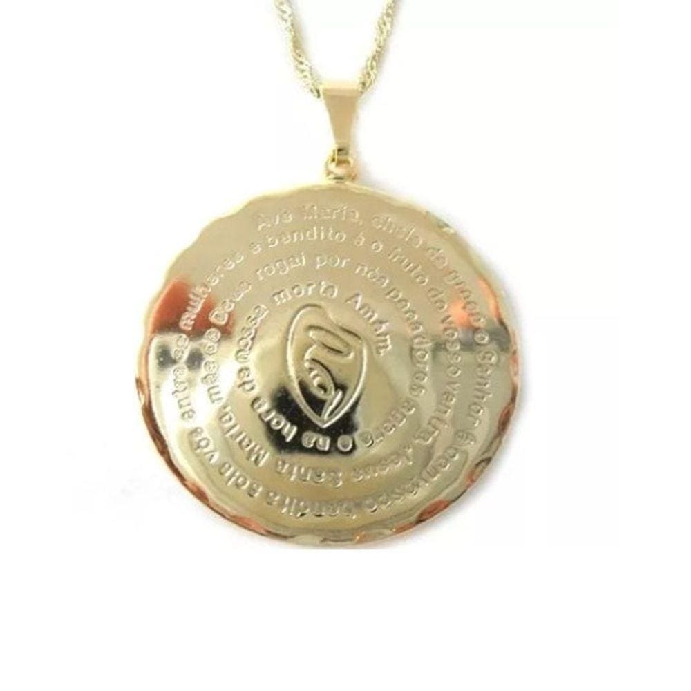 Cordão Colar Medalha Religiosa Ave Maria Folheado A Ouro 18k