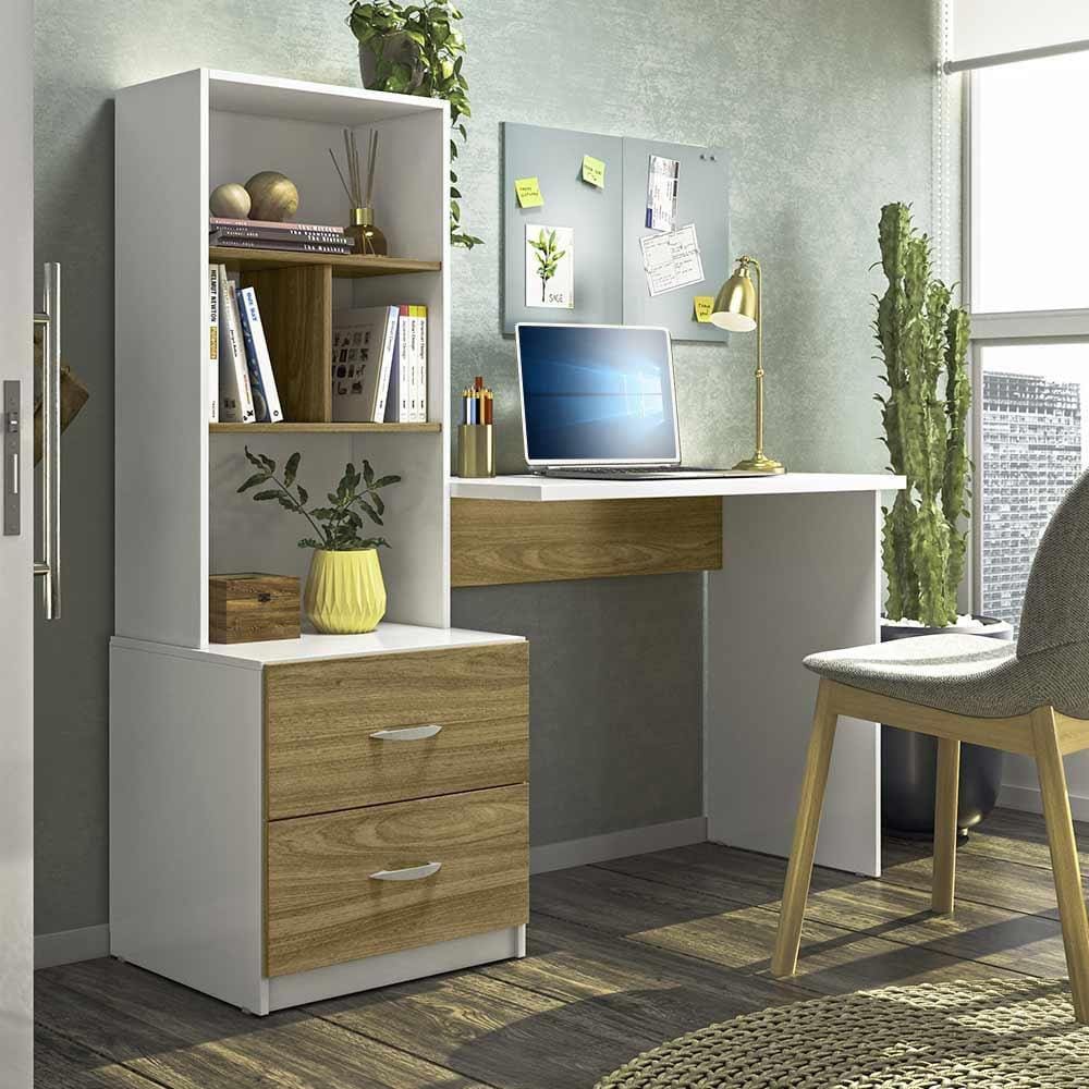 Escrivaninha Com Armário e Gavetas Branco Nature Cristal Peternella - Branco