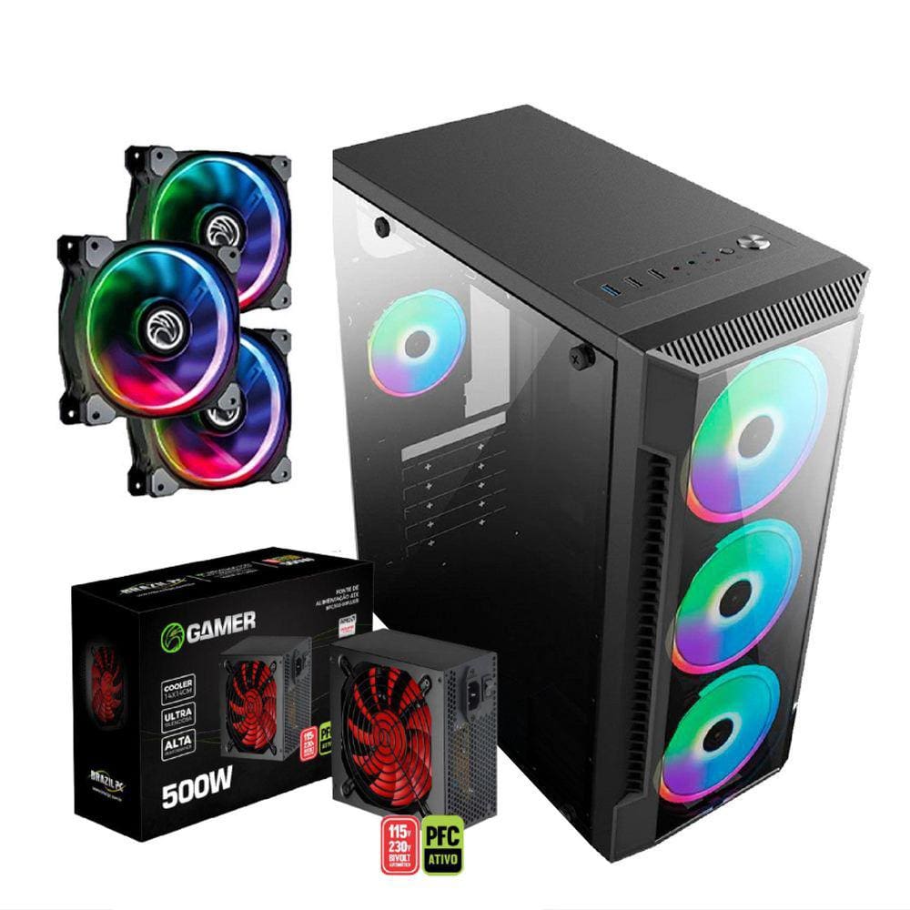Kit Gabinete Gamer + Fonte 500w + Kit 3 Cooler Argb - Brasilpc- C/ Lateral de Vidro