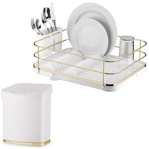 Kit Escorredor De Louças Lixeira 2,5L Tampa Pia Cozinha Branco Dourado - Future
