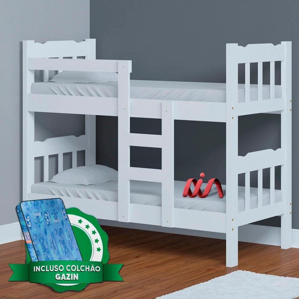 Beliche De Madeira Branco Perola Nemargi Com 2 Colchões Gazin - Branco