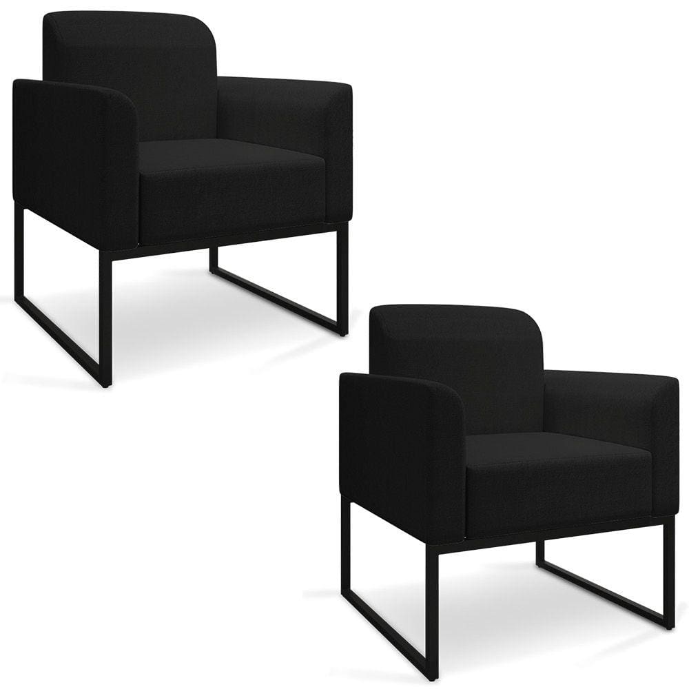 Kit 02 Poltronas Marisa Linho Base Industrial Metálica Preto - D`Rossi