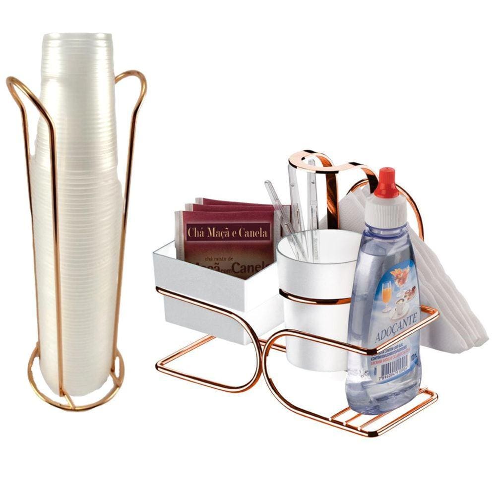 Kit Café 2 Peças Suporte Copos 200ml Porta Sachês Guardanapos Adoçante Rose Gold - Future