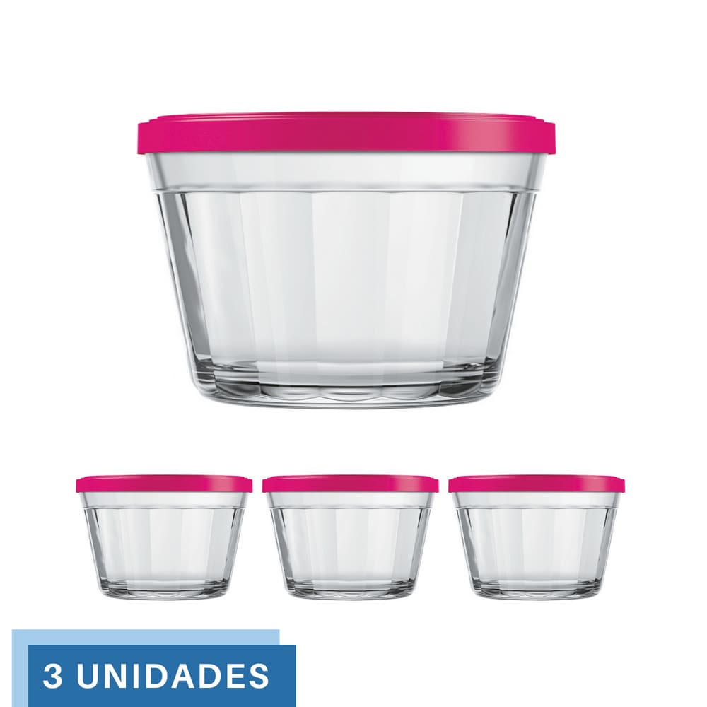 3 Tigela Vidro Americano Tampa Plastica Sortida 350ml Nadir