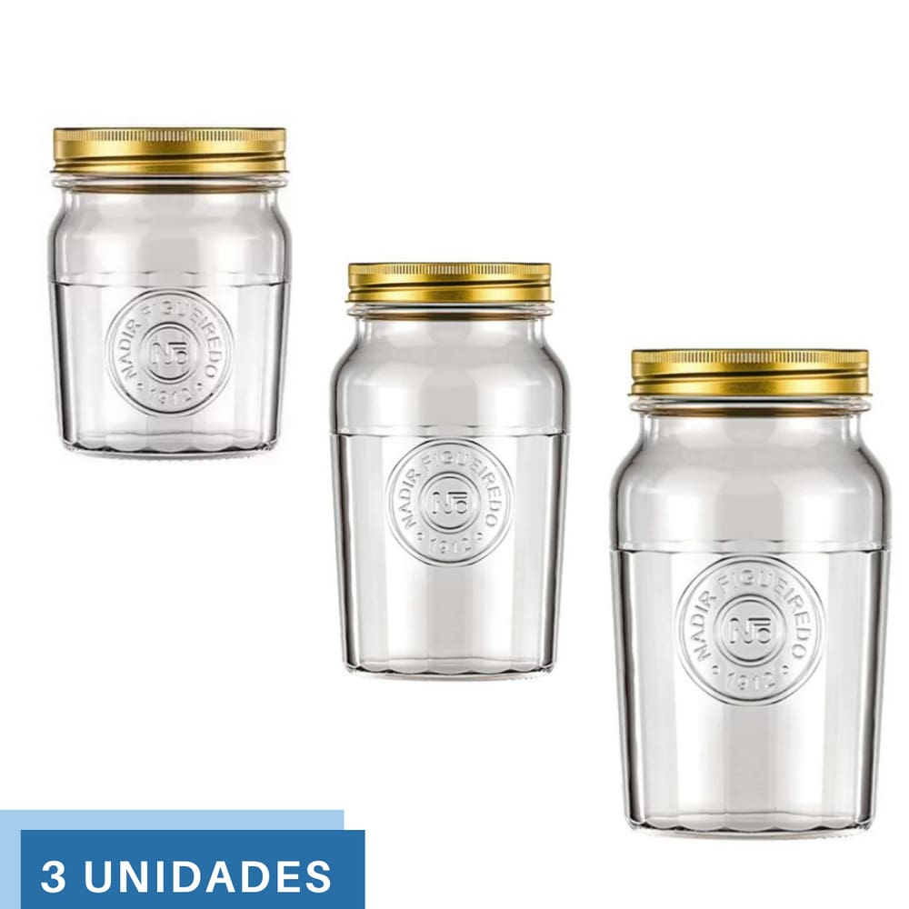 3 Pote Alimento C/tampa Biscoito 500ml 1L 1,5L Vintage Nadir