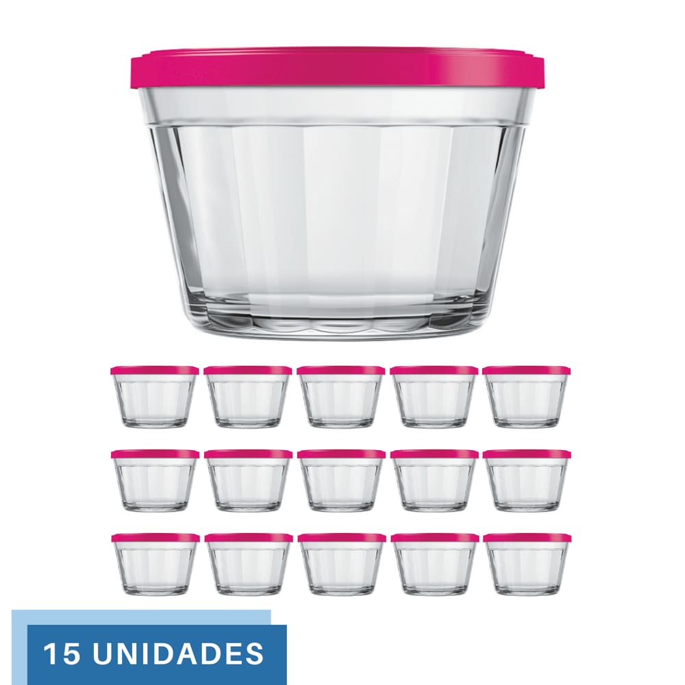 15 Tigela Vidro Americano Tampa Plastica Sortida 350ml Nadir