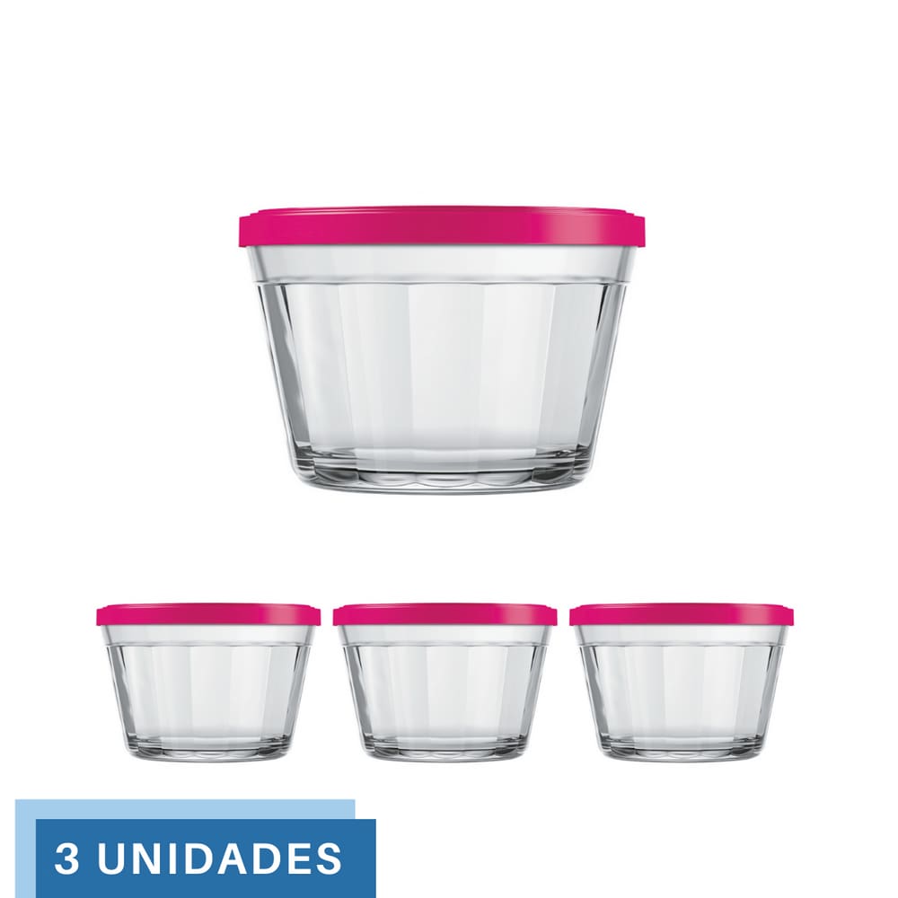 3 Tigela Vidro Americano Tampa Plastica Sortida 150ml Nadir