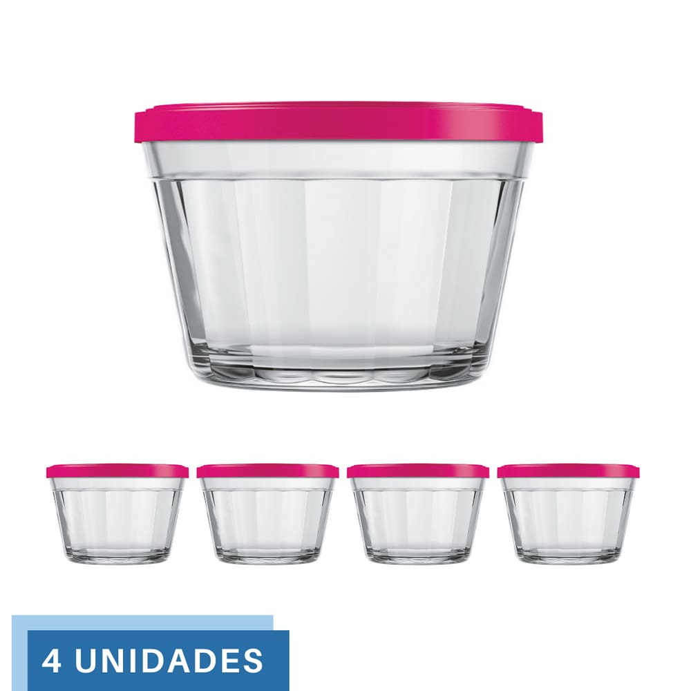 4 Tigela Vidro Americano Tampa Plastica Sortida 350ml Nadir