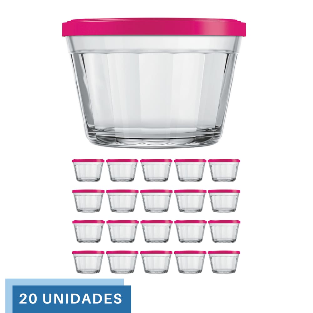 20 Tigela Vidro Americano Tampa Plastica Sortida 350ml Nadir