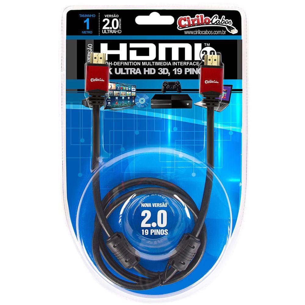 Cabo HDMI 2.0, 19 Pinos 4K, Ultra HD, 3D - 1 Metro