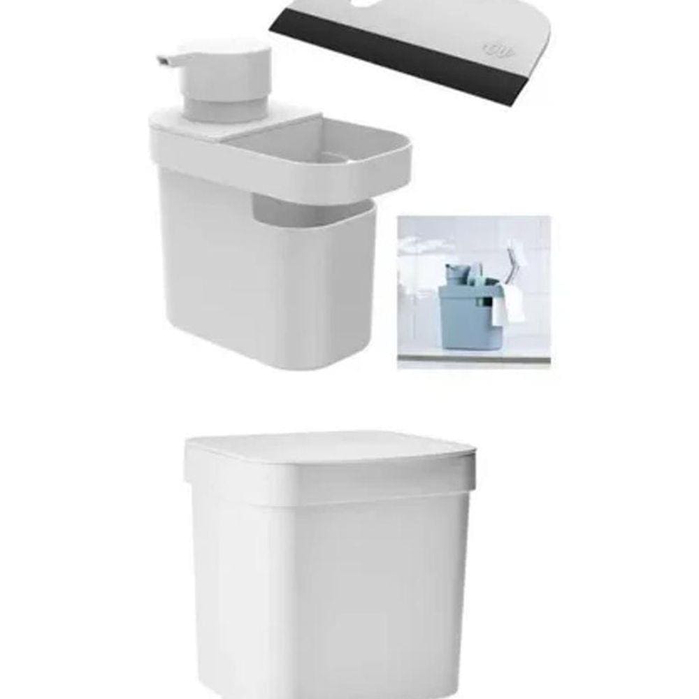 Lixeira 4,7L + Porta Detergente Esponja Pia + Rodinho De Pia