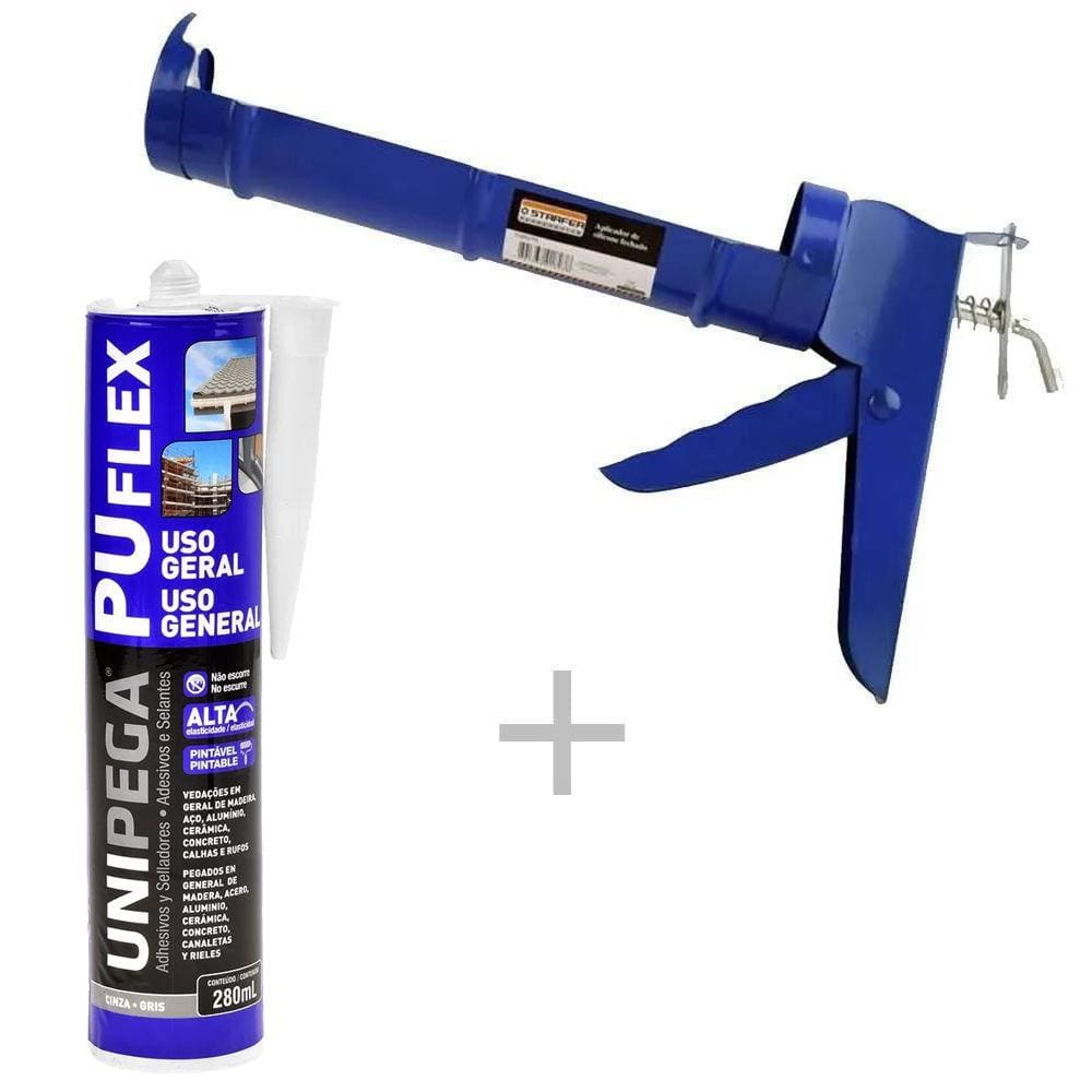 Kit Aplicador de silicone + Veda Calha Selante PU Flex Uso Geral Cinza 280ml - Unipega