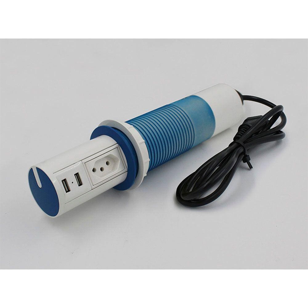 Mini Torre Totem Automatico 1 Tomada 10a 2 Usb - Azul e Branco