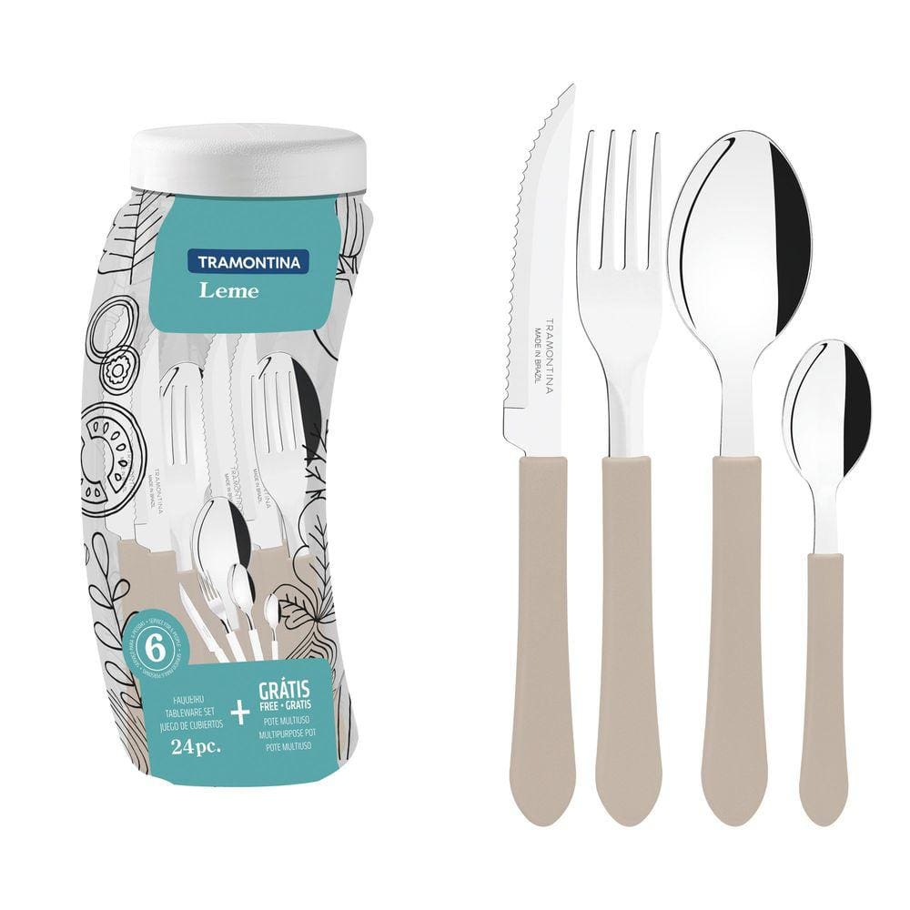 Faqueiro Tramontina Leme com Lâminas em Aço Inox e Cabos de Polipropileno Cinza com Pote Plástico 24 Peças Tramontina