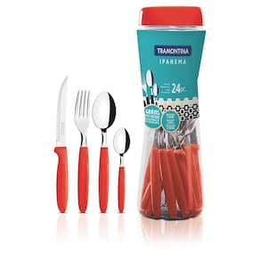 Faqueiro Tramontina Ipanema Lâminas Aço Inox Cabos de Polipropileno Vermelho com Pote Plástico 24pçs Tramontina
