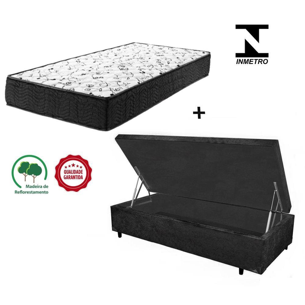 Cama Baú Solteiro Preto Suede + Colchão Espuma D33 88x188x8
