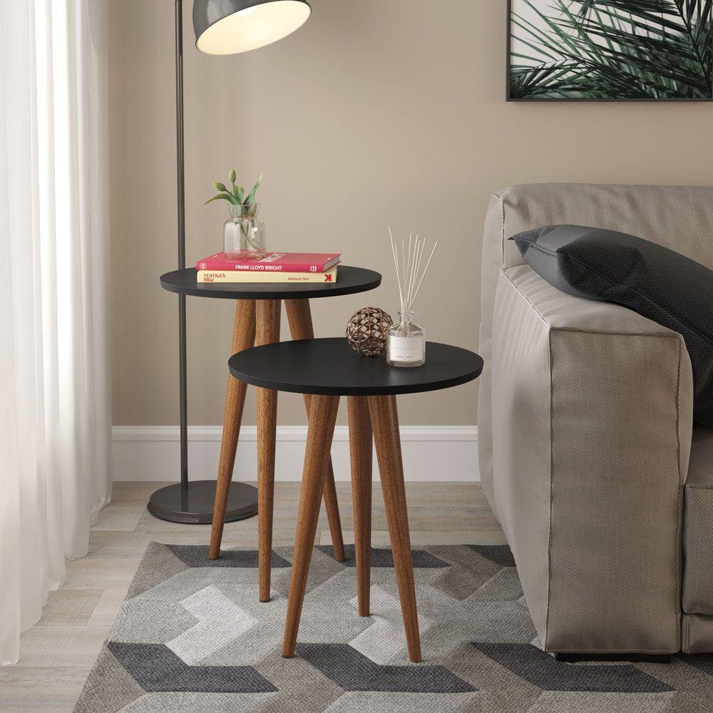 Conjunto 2 Mesas De Canto Lateral Redonda Sala Pes Palito Retro Slim