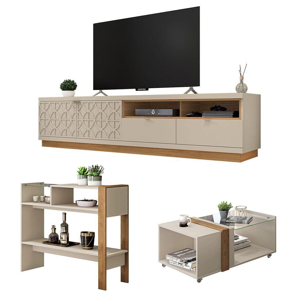 Conjunto Sala De Estar Kit Rack Mesa Aparador Renda Caemmun