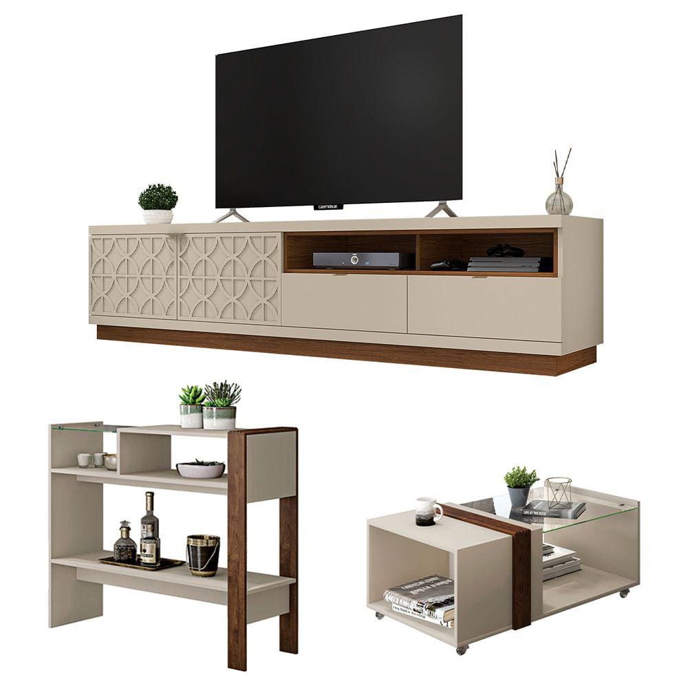 Conjunto Sala De Estar Kit Rack Mesa Aparador Renda Caemmun
