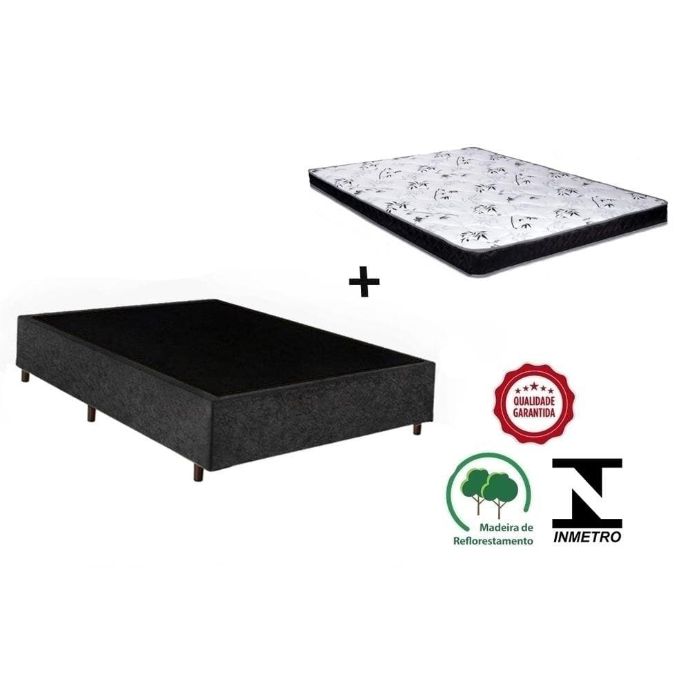 Cama Box Casal Preto Suede + Colchão Espuma D23 138x188x10