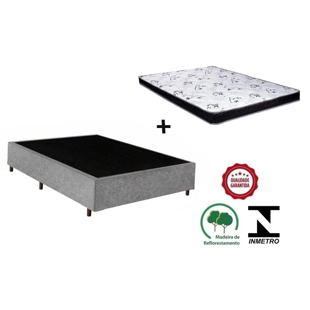 Cama Box Casal Cinza Suede + Colchão Espuma D33 138x188x14
