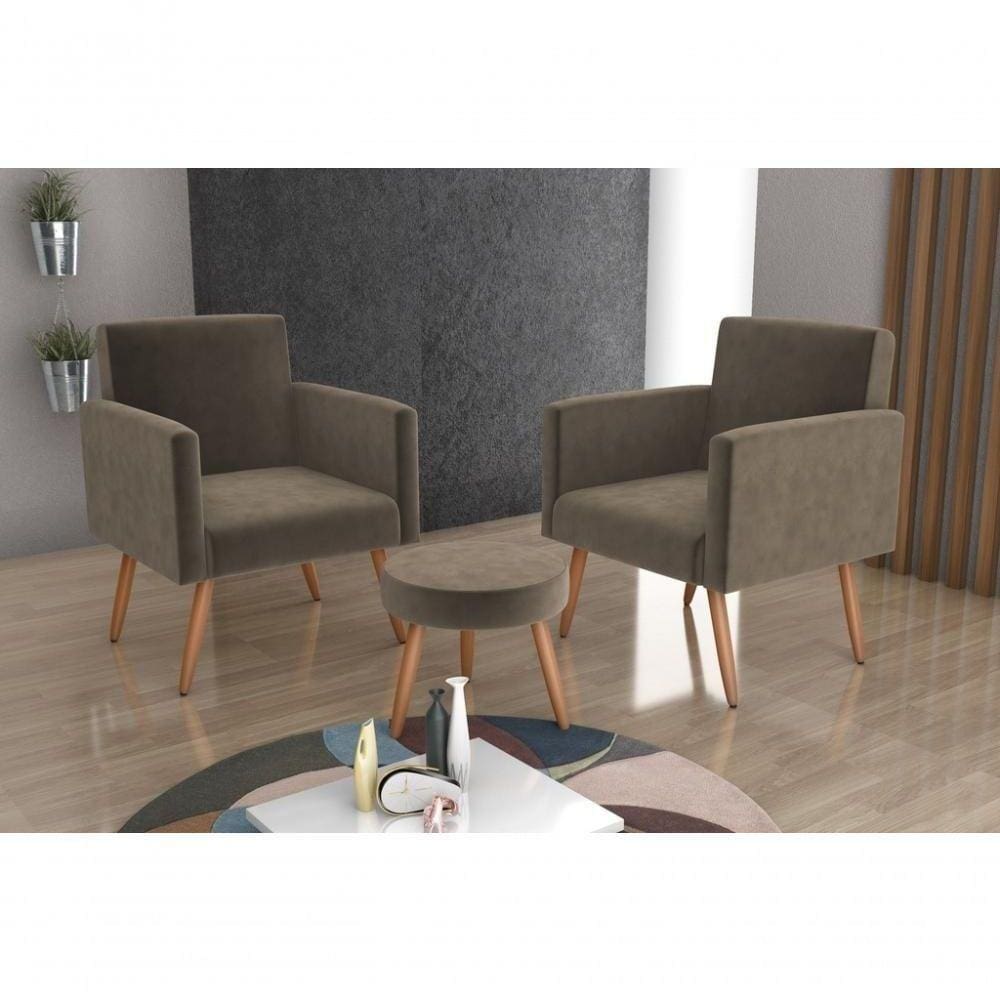 Conjunto 02 Poltronas Decorativas E 1 Puff Dallas - Capuccino
