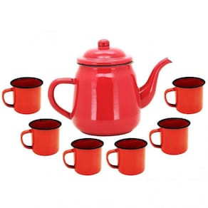 Kit Agata Esmaltada Vermelho Com 1 Bule 1 Litro E 6 Canecas