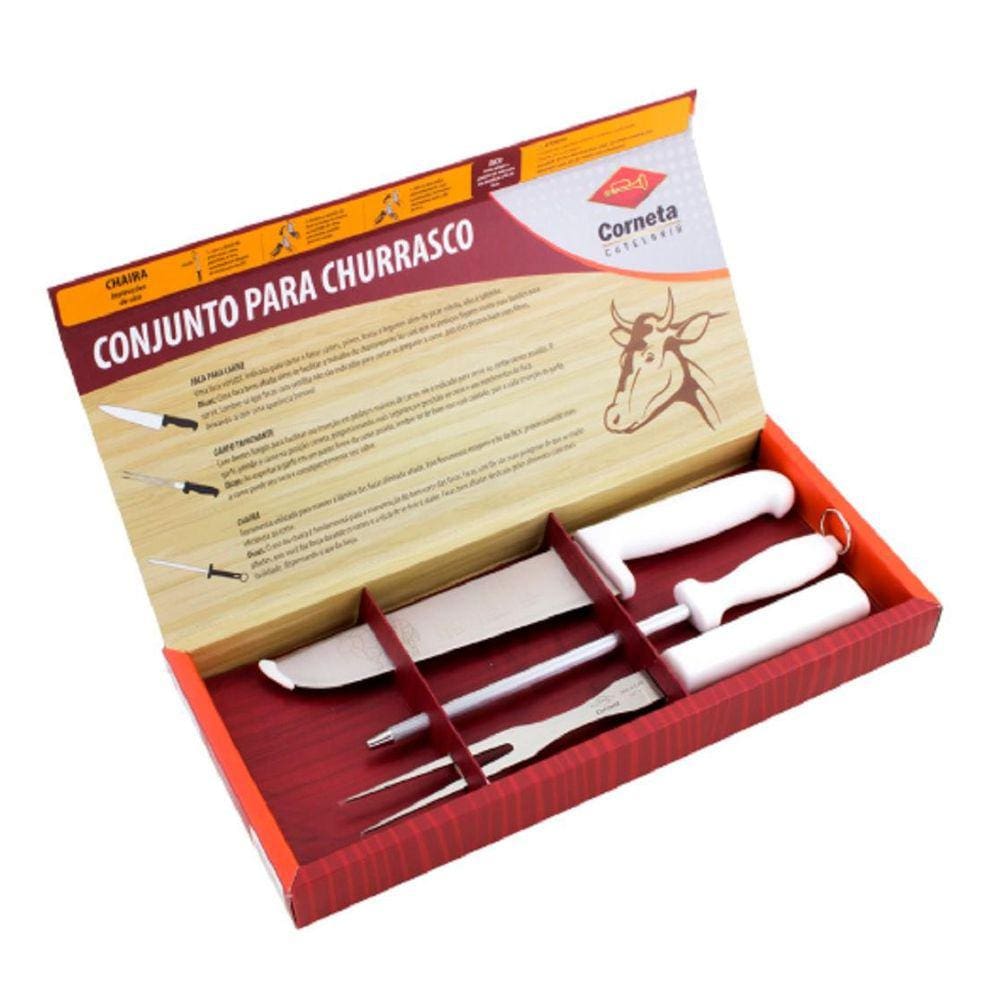 Conjunto para Churrasco Carnes 3 peças Faca Garfo Chaira
