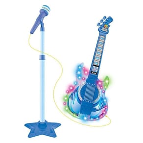 Guitarra Infantil C Microfone Pedestal Toca Mp3 Luz Som Azul