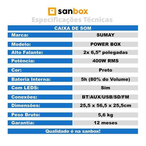 Caixa de Som Portátil Sumay Power Box 800w (SM-CAP31) Usb//Fm/Aux