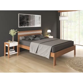 Cama de Casal Grande 195 cm Com Cabeceira Quarto Adulto Amêndoa Marrom Madeira Branco